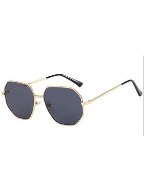 Unisex Hexagonal Oversized Grey Lens Sunglasses With Gold Metal Frame